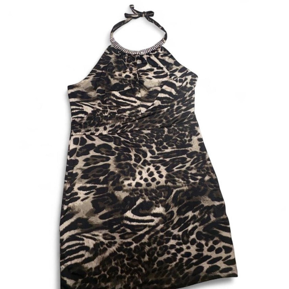 Vintage y2k Venus Leopard print halter neck dress with rhinestone detail, size L